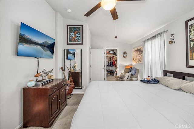 7160 Bel Air St, Corona, CA 92881 - bedroom with vaulted ceiling, light carpet, a spacious closet, ceiling fan, and baseboards