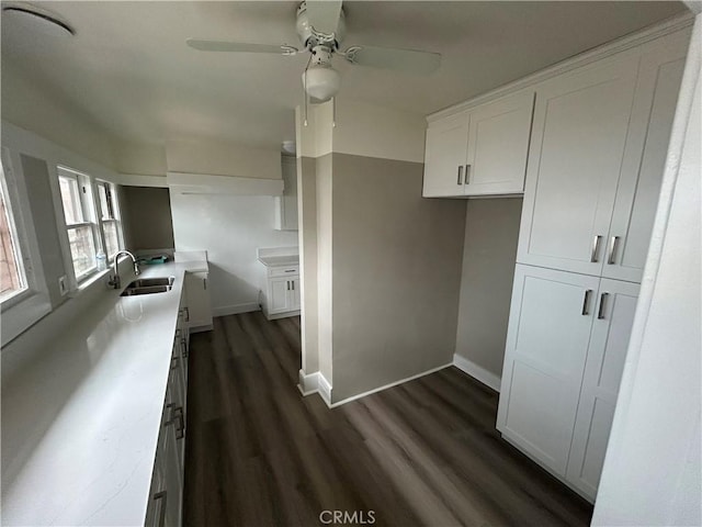 kitchen featuring dark wood finished floors, white cabinetry, ceiling fan, and a sink