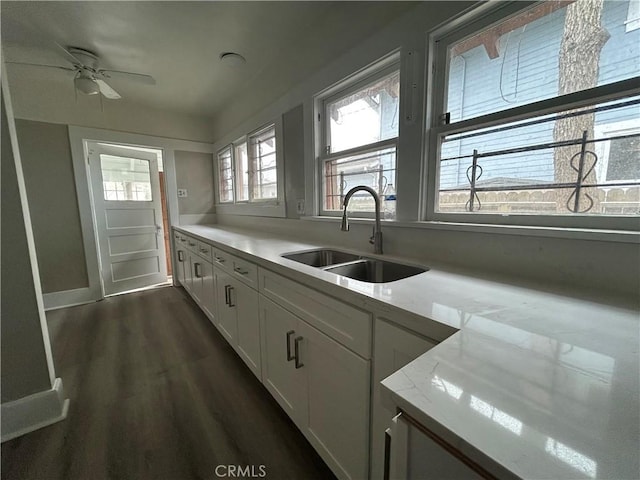 kitchen featuring white cabinetry, a ceiling fan, a sink, light stone countertops, and dark wood-style flooring