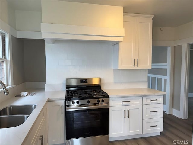 kitchen with extractor fan, stainless steel gas stove, a sink, and backsplash