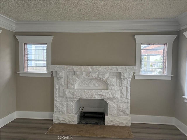 room details with wood finished floors, a stone fireplace, a textured ceiling, and ornamental molding