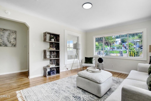 living area with baseboards and wood finished floors