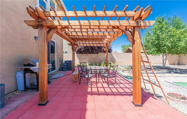 view of patio / terrace with a grill, central air condition unit, a fenced backyard, a pergola, and outdoor dining space