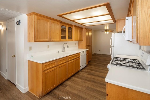 kitchen featuring white appliances, ceiling fan, glass insert cabinets, a sink, and dark wood-style floors
