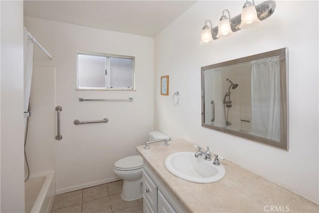 full bath featuring tile patterned floors, vanity, toilet, and shower / tub combo with curtain
