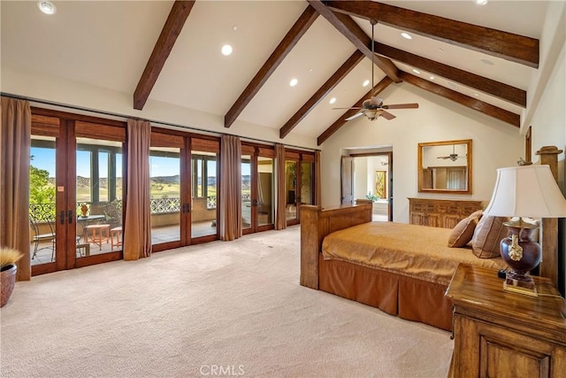 bedroom featuring access to outside, french doors, beamed ceiling, and light carpet