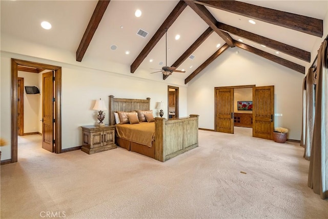 bedroom featuring high vaulted ceiling, visible vents, beamed ceiling, and light carpet