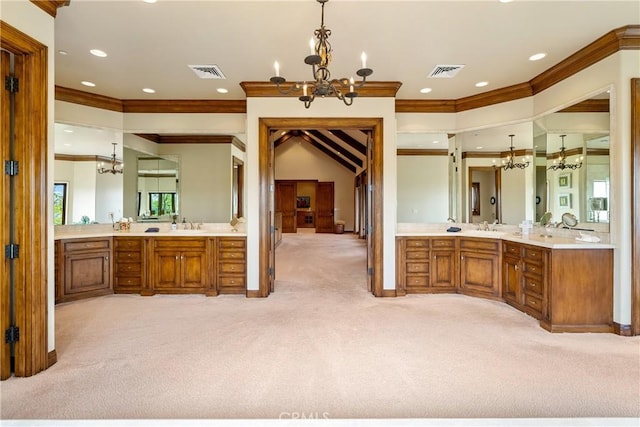 full bath featuring baseboards, visible vents, recessed lighting, and an inviting chandelier