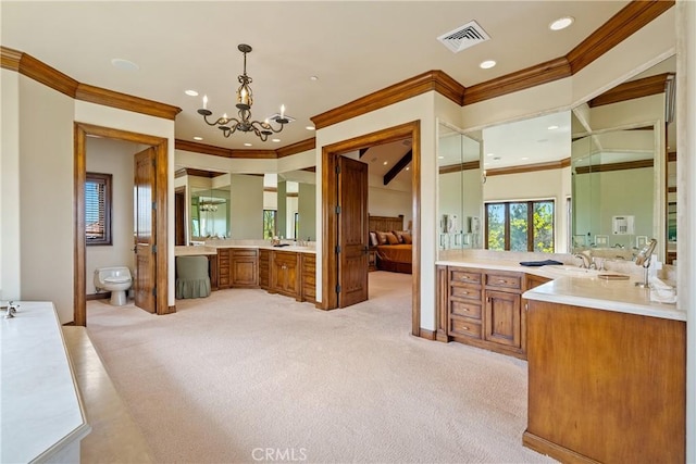 full bath with recessed lighting, an inviting chandelier, a sink, visible vents, and two vanities