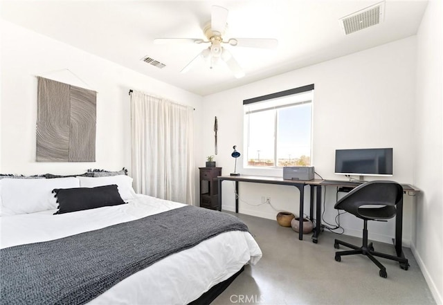 7073 Mission Ave Unit 29, Palms, CA 92277 - bedroom with a desk, finished concrete floors, and ceiling fan