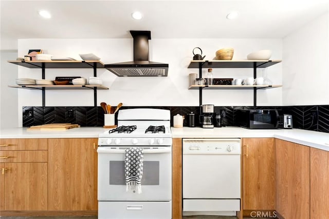 7073 Mission Ave Unit 29, Palms, CA 92277 - kitchen with open shelves, white appliances, wall chimney exhaust hood, modern cabinets, and recessed lighting