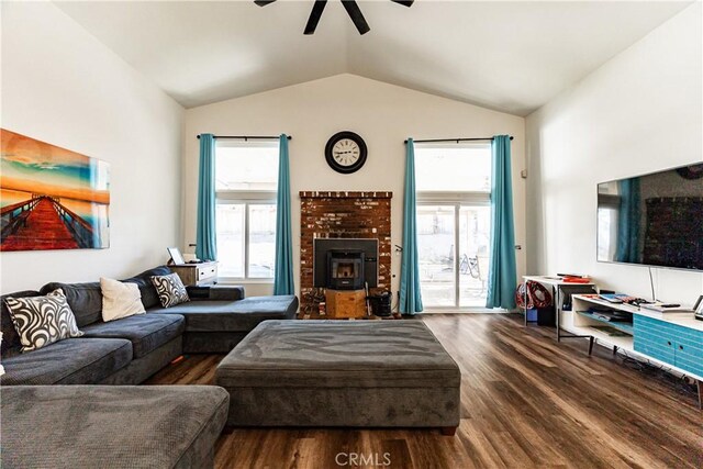 12325 Atoka Ln, Victorville, CA 92392 - living area with a ceiling fan, lofted ceiling, wood finished floors, and healthy amount of natural light