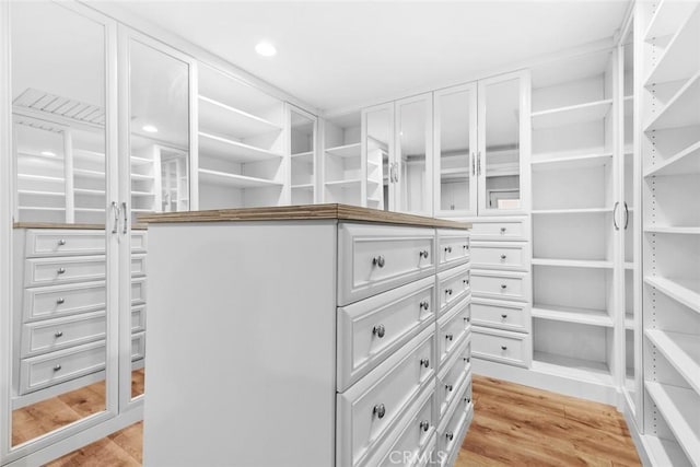 walk in closet with light wood finished floors