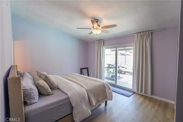 3710 Colonial Cir, Lake Elsinore, CA 92530 - bedroom with baseboards, a ceiling fan, access to outside, and light wood-style flooring