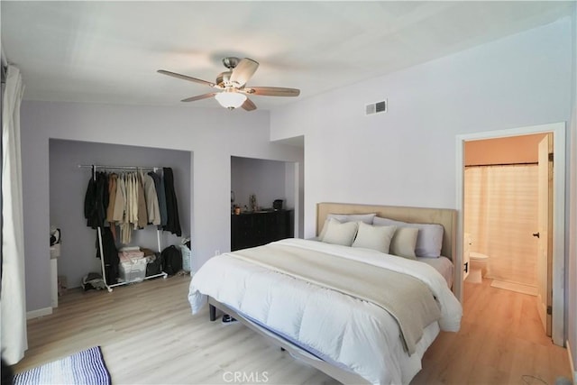 3710 Colonial Cir, Lake Elsinore, CA 92530 - bedroom featuring visible vents, light wood-type flooring, a ceiling fan, and vaulted ceiling