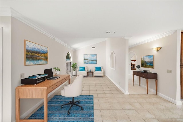 home office with crown molding, arched walkways, vaulted ceiling, light tile patterned floors, and baseboards