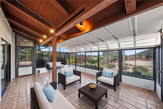 sunroom / solarium with tile patterned floors, outdoor lounge area, wooden ceiling, and vaulted ceiling with beams