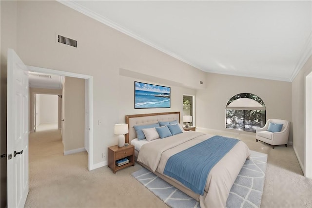 bedroom featuring visible vents, ornamental molding, baseboards, and light colored carpet