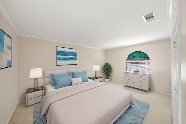bedroom with crown molding, light carpet, and visible vents
