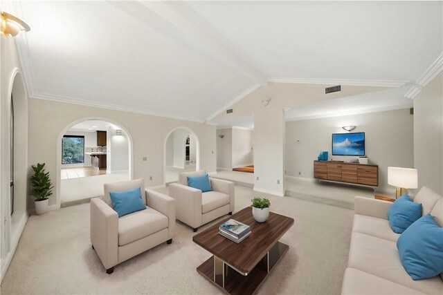 living room featuring visible vents, arched walkways, ornamental molding, and light colored carpet
