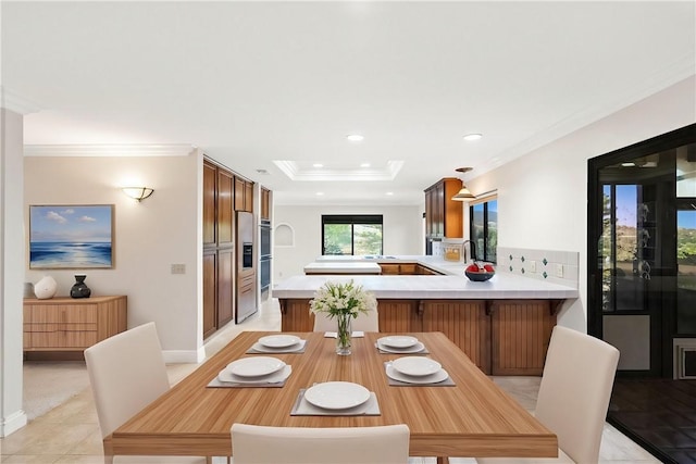 dining area featuring ornamental molding, recessed lighting, and light tile patterned flooring