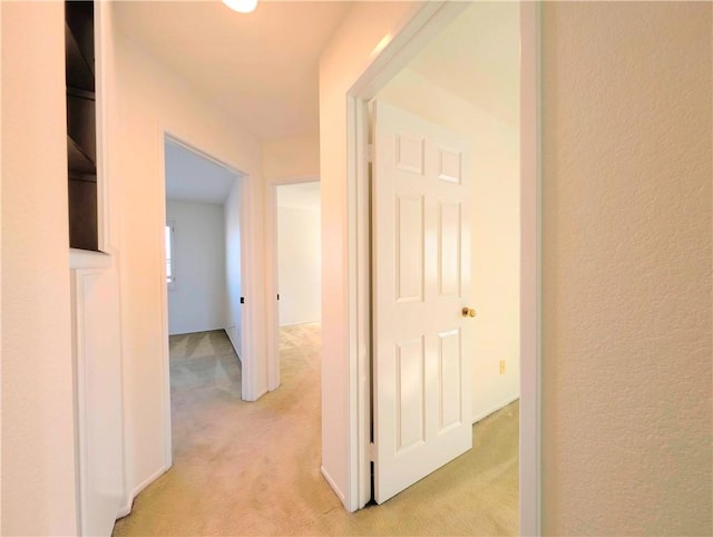 hall featuring a textured wall and light carpet