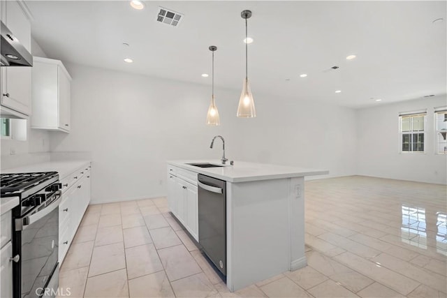 6991 Cottonwood Ln, Buena Park, CA 90621 - kitchen featuring black gas stove, stainless steel dishwasher, ventilation hood, light marble finish flooring, and recessed lighting