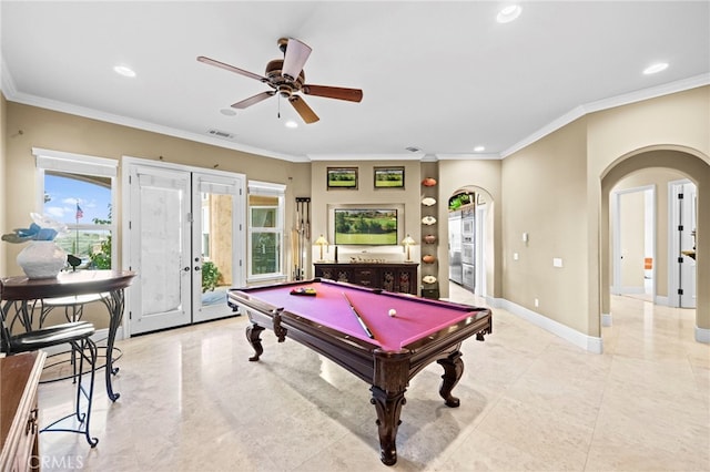 rec room featuring arched walkways, visible vents, and recessed lighting