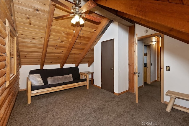 2424 Spruce Dr, Running Springs, CA 92382 - living area with carpet, wood ceiling with exposed beams, a ceiling fan, and baseboards