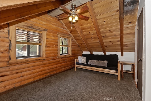 2424 Spruce Dr, Running Springs, CA 92382 - sitting room with wood ceiling, log walls, carpet floors, and a ceiling fan