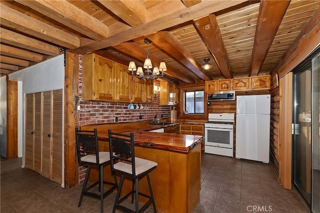 2424 Spruce Dr, Running Springs, CA 92382 - kitchen with white appliances, wood ceiling with exposed beams, dark tile patterned floors, a peninsula, and a sink