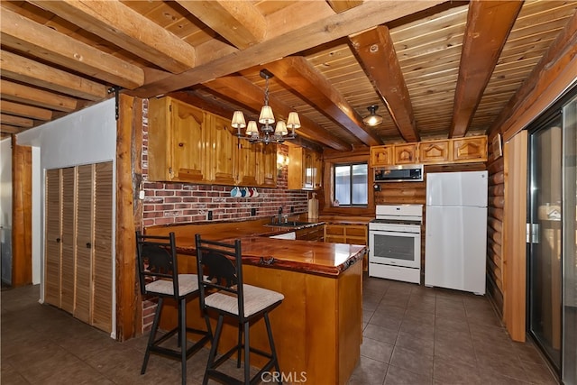 2424 Spruce Dr, Running Springs, CA 92382 - kitchen featuring white appliances, a wood ceiling with exposed beams, dark tile patterned floors, a peninsula, and dark countertops