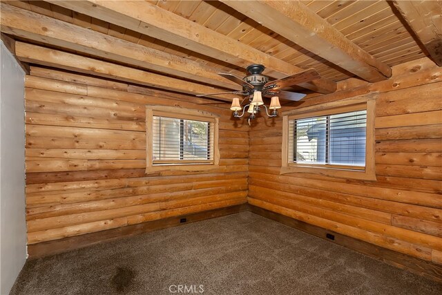 2424 Spruce Dr, Running Springs, CA 92382 - unfurnished room featuring dark carpet, a wooden ceiling with exposed beams, plenty of natural light, ceiling fan, and log walls