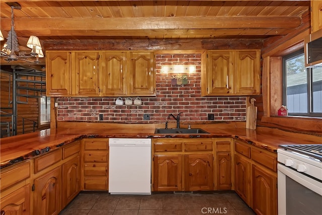 2424 Spruce Dr, Running Springs, CA 92382 - kitchen with white appliances, a wooden ceiling with exposed beams, dark tile patterned flooring, decorative light fixtures, and brown cabinetry