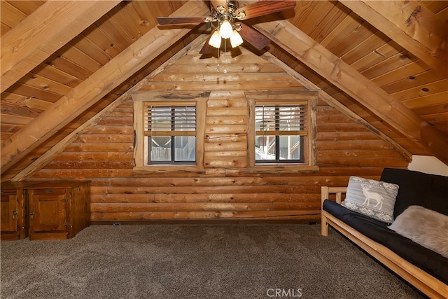 2424 Spruce Dr, Running Springs, CA 92382 - additional living space featuring wooden ceiling, log walls, carpet floors, and a ceiling fan