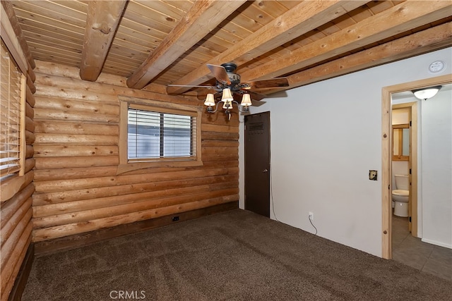 2424 Spruce Dr, Running Springs, CA 92382 - carpeted spare room with log walls, ceiling fan, a smoke detector, and wooden ceiling with exposed beams