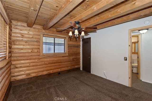 2424 Spruce Dr, Running Springs, CA 92382 - spare room with log walls, carpet floors, a ceiling fan, a smoke detector, and a wooden ceiling with exposed beams