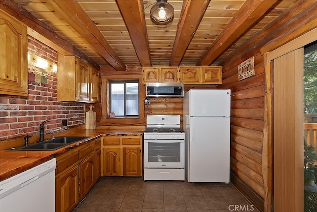 2424 Spruce Dr, Running Springs, CA 92382 - kitchen featuring white appliances, log walls, wood ceiling with exposed beams, a sink, and dark tile patterned flooring