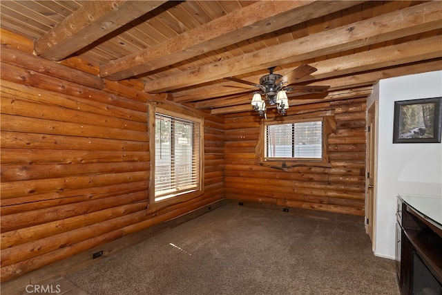 2424 Spruce Dr, Running Springs, CA 92382 - empty room with wood ceiling with exposed beams, dark carpet, and rustic walls