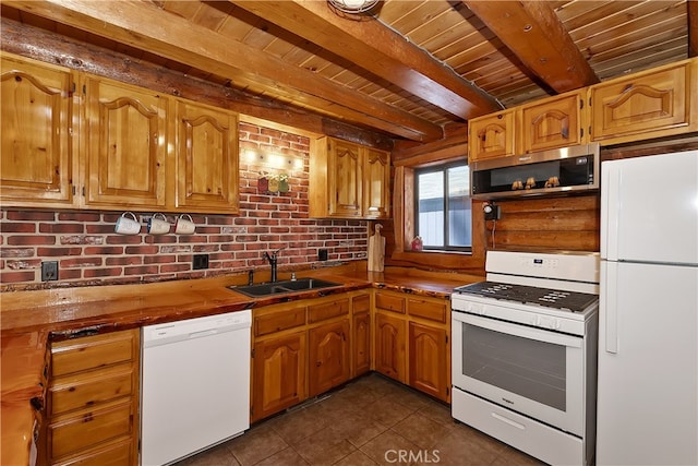 2424 Spruce Dr, Running Springs, CA 92382 - kitchen with white appliances, a sink, wooden ceiling with exposed beams, dark tile patterned floors, and wood counters