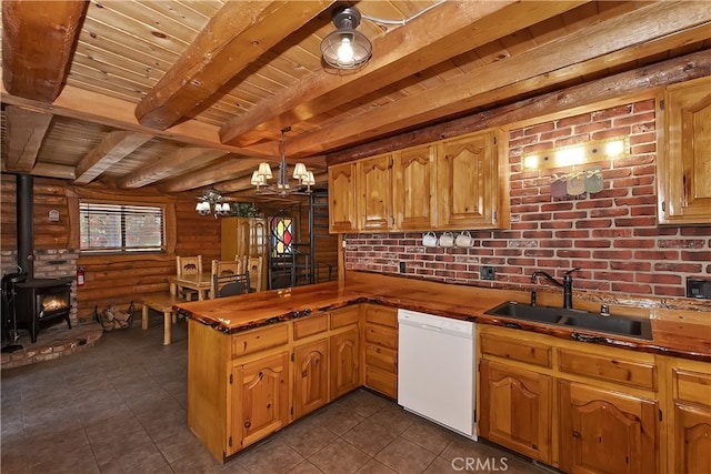 2424 Spruce Dr, Running Springs, CA 92382 - kitchen with white dishwasher, a sink, a wood stove, wood ceiling with exposed beams, and a peninsula