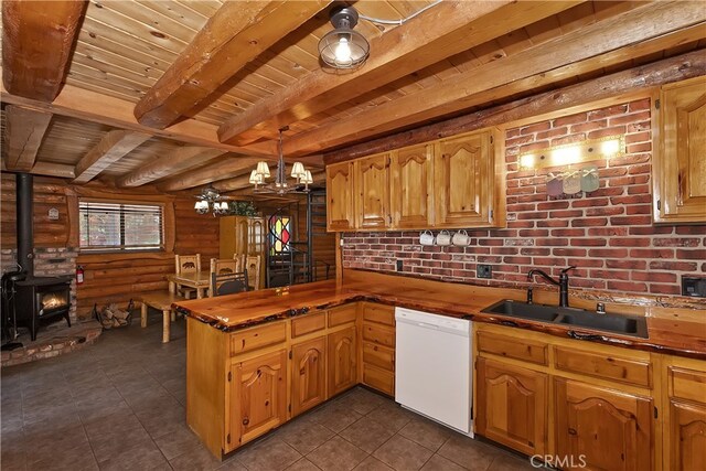 2424 Spruce Dr, Running Springs, CA 92382 - kitchen featuring white dishwasher, a wood stove, a wood ceiling with exposed beams, rustic walls, and a peninsula
