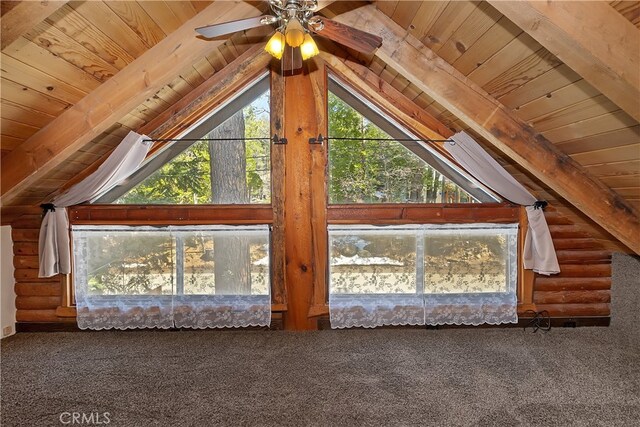 2424 Spruce Dr, Running Springs, CA 92382 - additional living space with wooden ceiling, a ceiling fan, rustic walls, and carpet floors