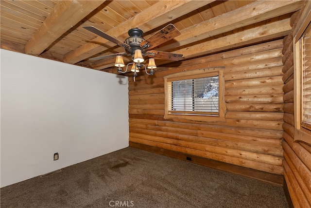 2424 Spruce Dr, Running Springs, CA 92382 - empty room with carpet floors, ceiling fan, wooden ceiling with exposed beams, and log walls