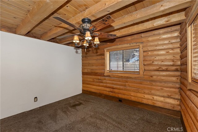 2424 Spruce Dr, Running Springs, CA 92382 - carpeted empty room with ceiling fan, a wood ceiling with exposed beams, and rustic walls