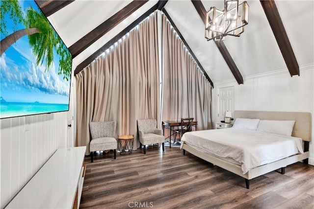 bedroom featuring a chandelier, wood finished floors, and lofted ceiling with beams