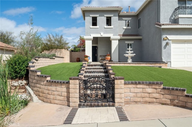 27798 Tate Rd, Menifee, CA 92585 - exterior space featuring a gate, fence, a garage, a front lawn, and stucco siding