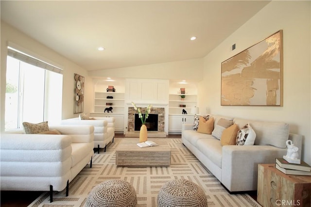 1971 Via Tranquilo, Rowland Heights, CA 91748 - living room with vaulted ceiling, a fireplace, recessed lighting, and built in features