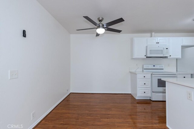 23222 Orange Ave Unit 4, Lake Forest, CA 92630 - kitchen featuring white cabinets, light countertops, ceiling fan, white appliances, and dark wood-type flooring