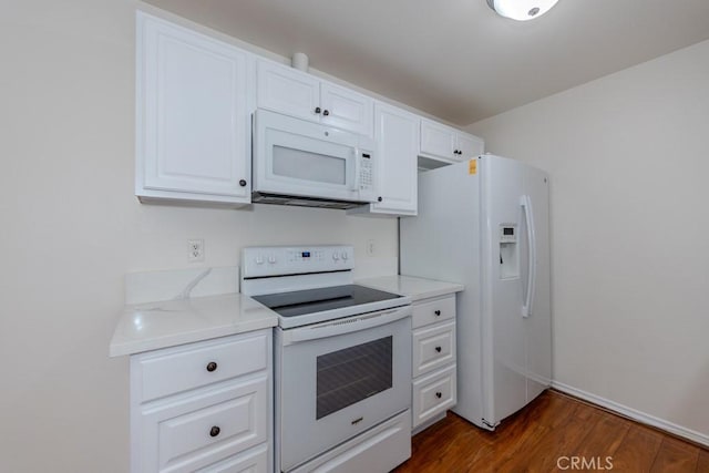 23222 Orange Ave Unit 4, Lake Forest, CA 92630 - kitchen featuring white cabinets, white appliances, and dark wood finished floors